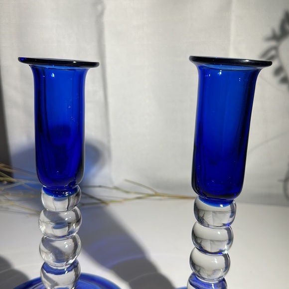 Vintage Hand Blown Colbalt Blue Bubble Glass Candle Holders Set of 2 - Picture 7 of 9
